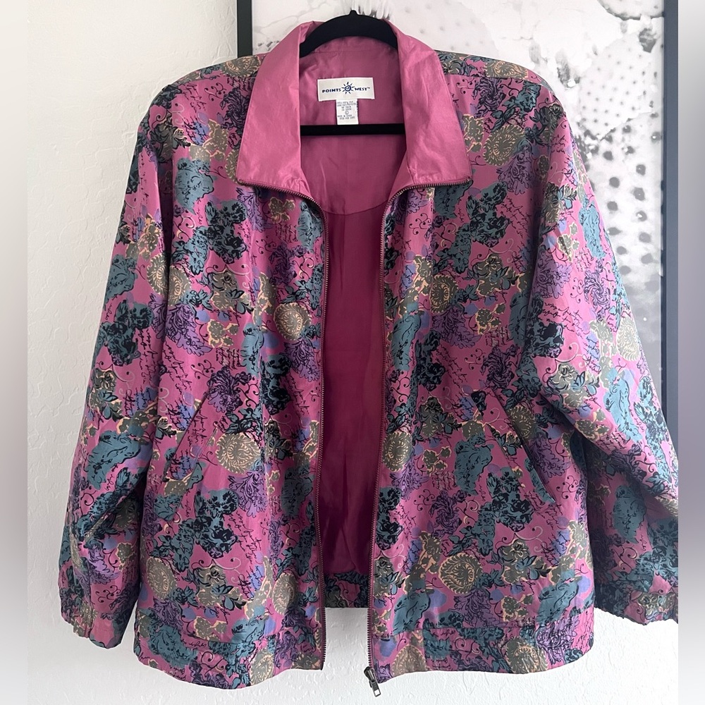 Vintage Points West 100% Silk Floral Pink Lightweight Track Jacket size Large